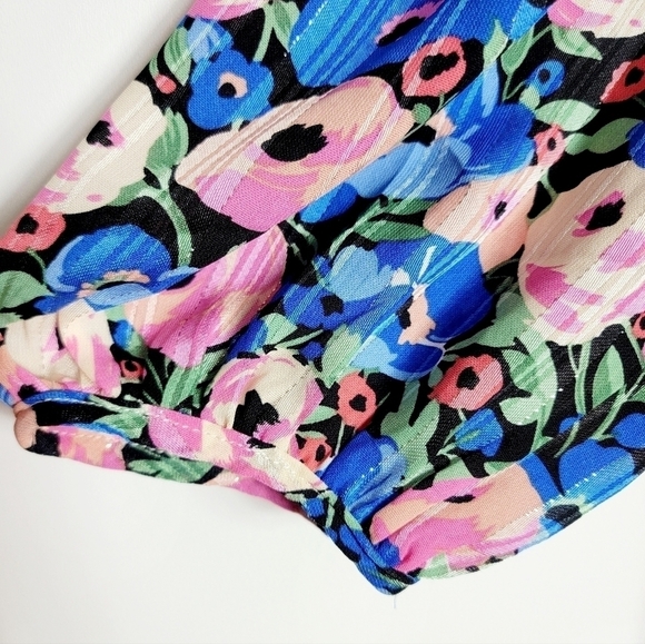 Umgee Floral Print Metallic Thread Puff Short Sleeves Peplum Women Blouse Size S - Picture 4 of 6